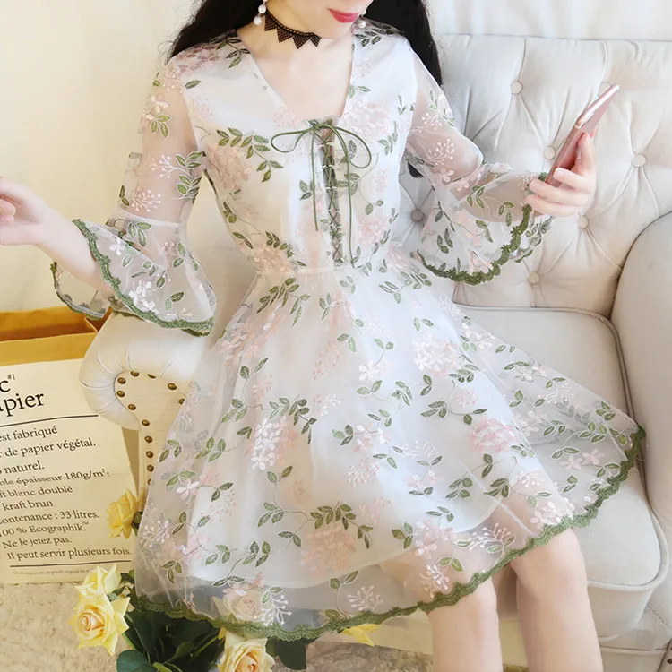 Корейское элегантное зеленое цветочное ТРАПЕЦИЕВИДНОЕ платье для женщин, летнее винтажное цветочное женское пляжное короткое вечернее красивое Тюлевое платье - Цвет: Зеленый