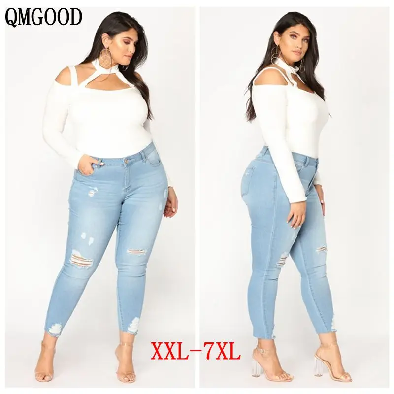 QMGOOD Лето 5xl рваные Рваные джинсы для Для женщин стрейч большой Размеры джинсы женщина 2018 отверстие большой Размеры джинсовые узкие брюки