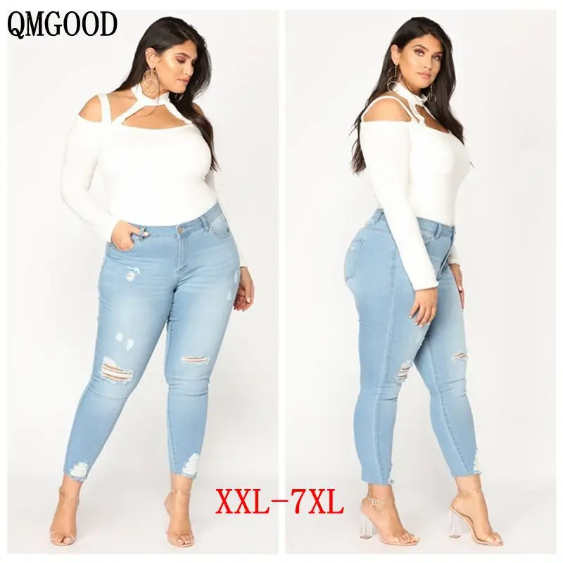 

QMGOOD Summer 5xl Torn Ripped Jeans for Women Stretch Large Size Jeans Woman 2018 Hole Big Size Denim Pencil Pants Mom Tight 7XL