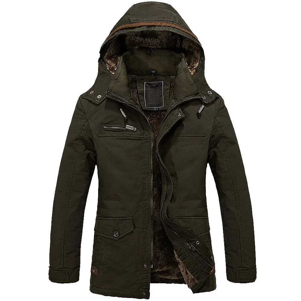 Army green Мужские хлопковые пальто, верхняя одежда, Азиатский Размер, Мужская Меховая куртка, толстая длинная теплая зимняя куртка с капюшоном, пальто, мужские зимние куртки - Цвет: Army green