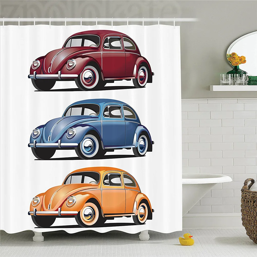 

1960s Decor Shower Curtain Set Classic Hippie Vosvos in Different Colors Past Times 60s Life European Concept Bathroom Accessor