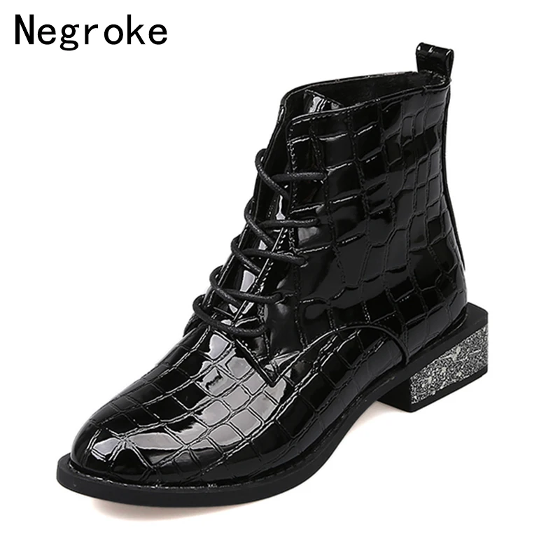 

2019 Fashion Women Ankle Boots Shiny PU Leather Spuare Heel Rubber Botas Shoes Footwear Female Lace Up Botines Zapatos Mujer