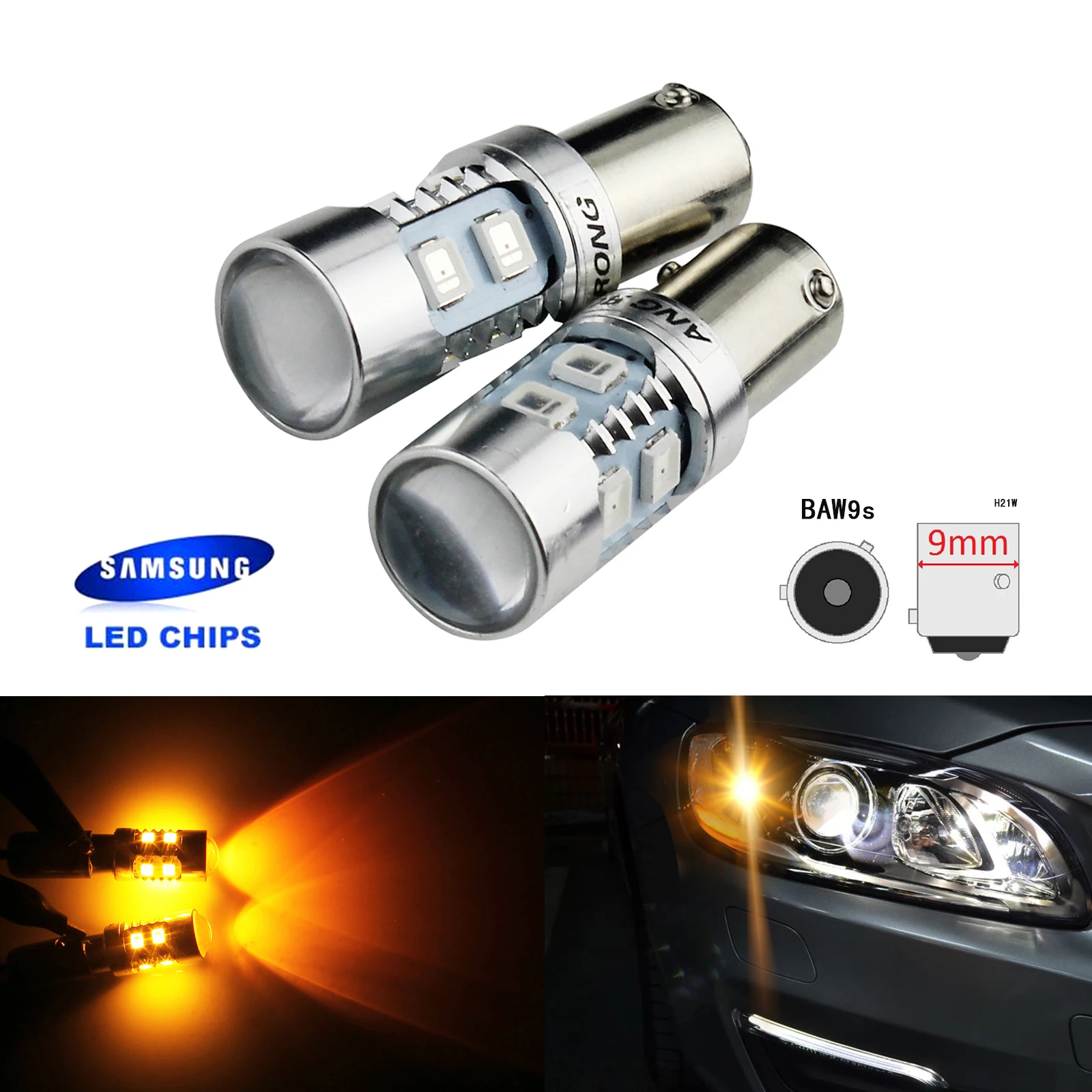 

ANGRONG 2x Amber HY21W BAW9s LED Car Light SAMSUNG 10SMD 2835 LED Indicator Parking Light Bulb For Citroen C4 Grand Picasso