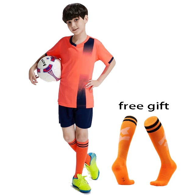 Детские футбольные майки для мальчиков и девочек; комплекты одежды для футбола с короткими рукавами; Детская Футбольная форма; спортивный костюм на заказ; Бесплатные Носки - Цвет: orange