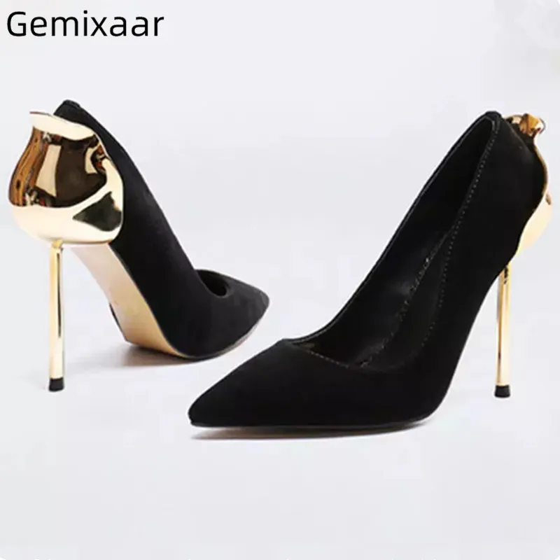 

Hot Sale Pumps Shoes Woman Chic Point Toe Slim Shallow Footwear Black Red Kid Suede Decor Metal Thin High Heels Pumps Sapatos