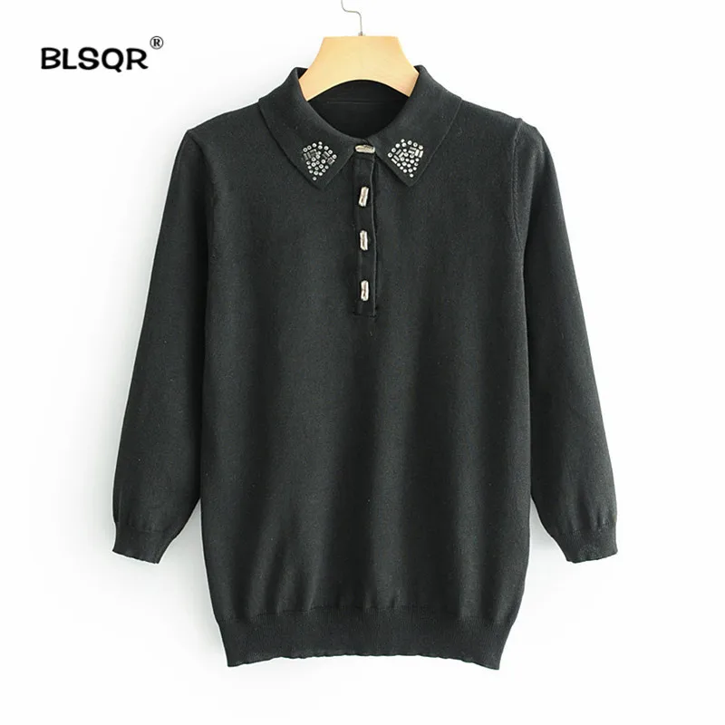 

Women Fashion Beading Knitted Black Sweaters Turn Down Collar Long Sleeve Stretchy Pullovers Female Casual Chic Tops