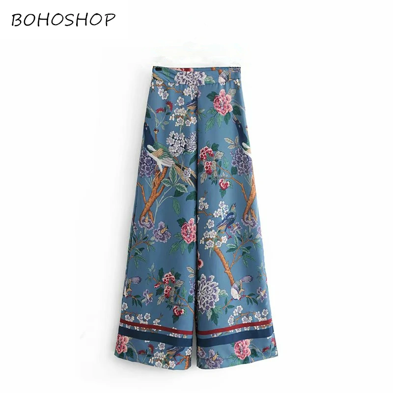 

Vintage chic elegant women bohemian birds print wide leg pants casual loose rayon Boho long pants women oversize