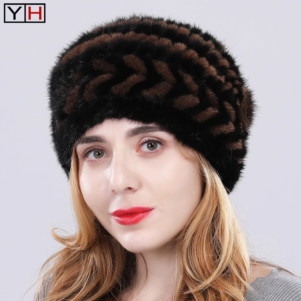 

Winter Lady Genuine Mink Fur Hat 100%Natural Knitted Mink Fur Hat Cap Women Hand Made Fashion Warm Fur Headgear
