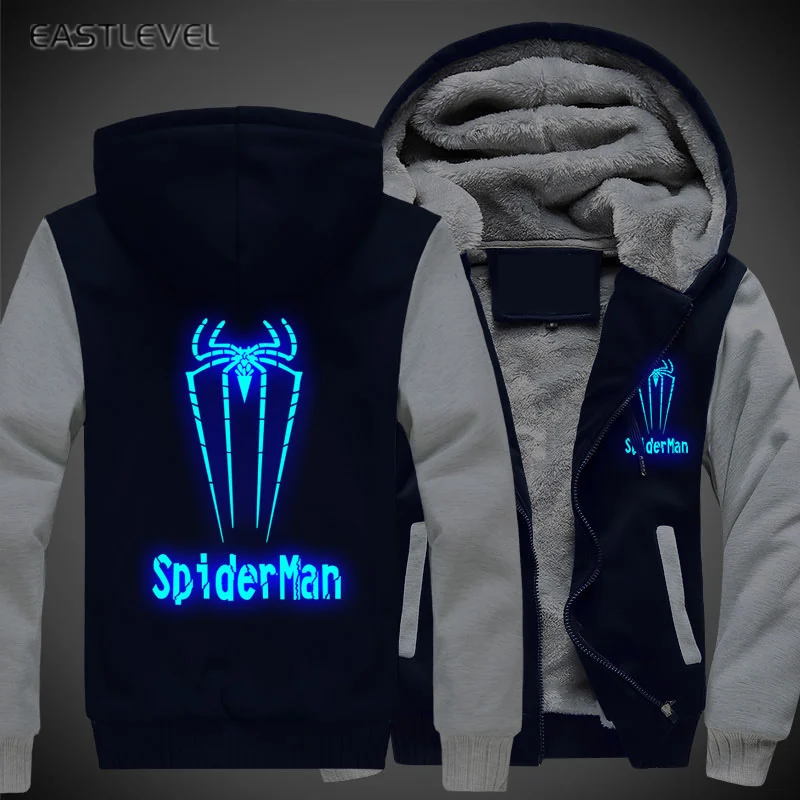 Hot Sales Luminous SpiderMan Printed Hoodie Hip Hop Sweatshirt Jacket Winter Streetwear Fleece Thicken Hooded Coat Dropshipping