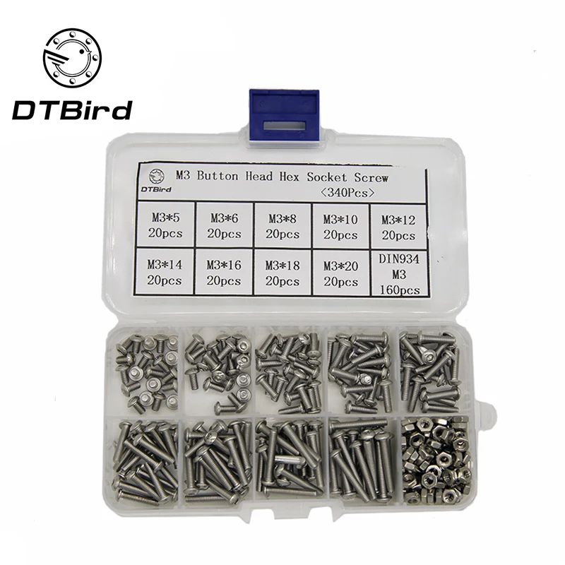 

340PCS/Lot M3 Button Head Hex Socket Screw Bolt Nut Stainless Steel SS304 M3 Screws Nuts Assortment Kit Fastener Hardware Kit