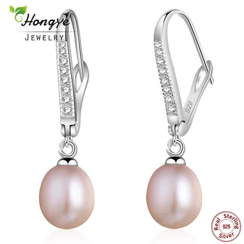 

Hongye Real Freshwater Pearl Earring Sterling Silver 925 Jewelry Pink White Purple Color Drop Earrings Wedding Girl Best Gift