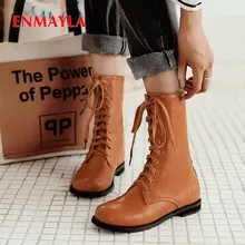 ENMAYLA 2019 Women Boots Square heel Round Toe PU Lace-Up Work Safety fashion mid-calf boots Short Plush women shoes size 34-43 цена ENMAYLA 2019 Women Boots Square heel Round Toe PU Lace-Up Work Safety fashion mid-calf boots Short Plush women shoes size 34-43 цены онлайн