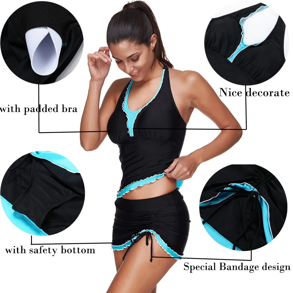 Preise JOYMODE Schwarz Qualität Zwei Stück Badeanzug Bademode Rock Frauen Push Up Tankini Kleid Strand Tragen Set Halter Push Up anzug