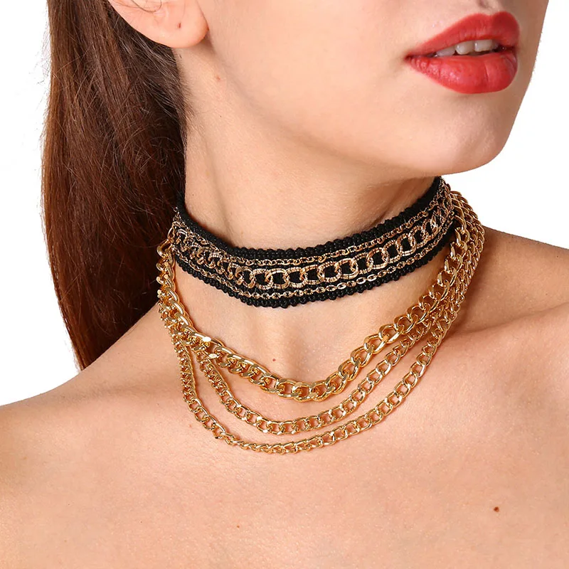 Punk Multilayer Metal Chain Choker Necklace for Women Chunky Clavicle