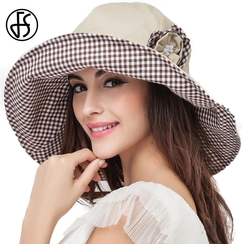 FS Large Brim Foldable Summer Hats For Women Cotton Beach Sun Hat Black
