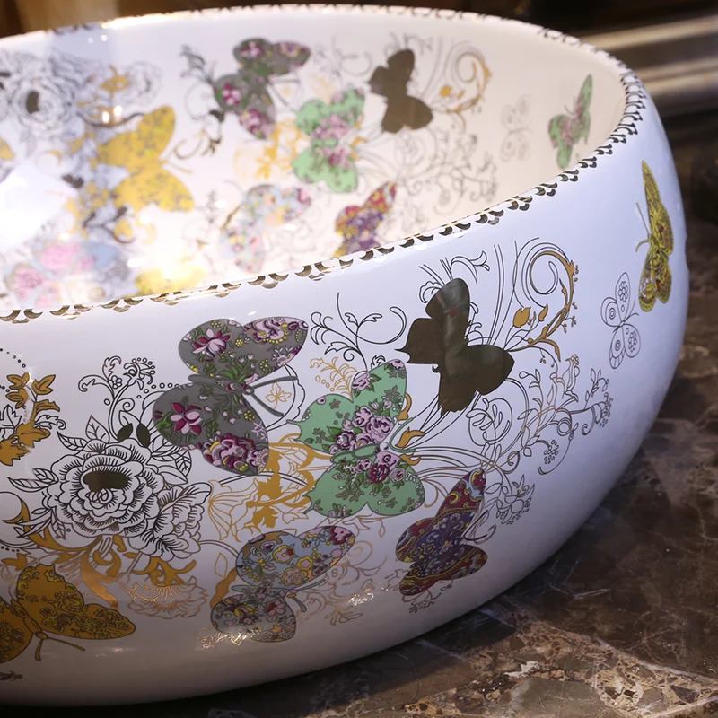 Europe Style Porcelain China Handmade butterfly Art Lavobo Lavatory Bathroom Sink Wash Basin porcelain sink  (2)