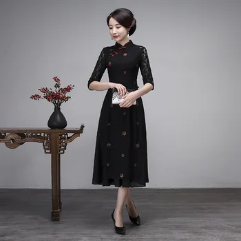 

Black Floral Oversized Sexy Cheongsam Female Lace Qipao NEW Chinese Classic Dress Embroidery Vietnam Aodai Slim Vestidos M-3XL