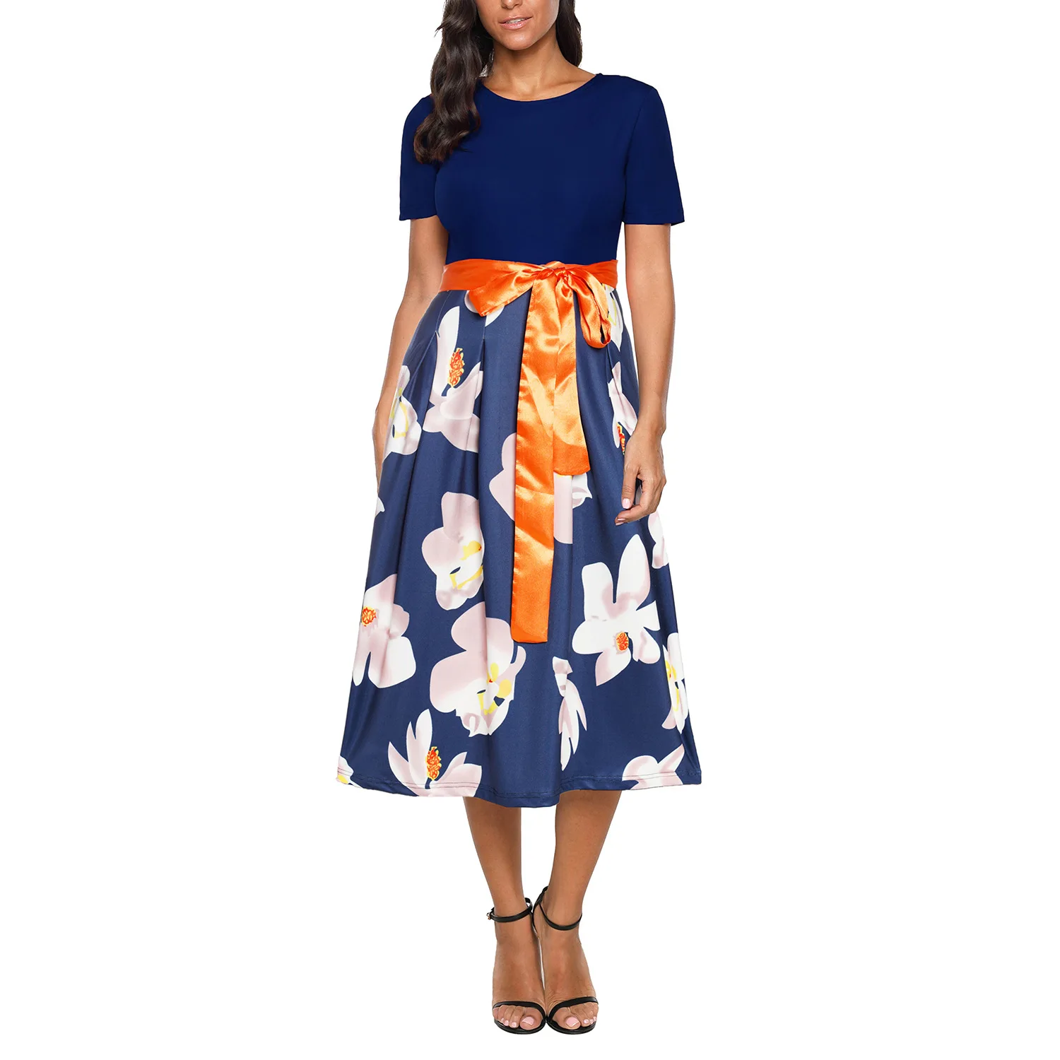 ilstile 2018 Womens Short Sleeve O-Neck Floral Print Long Dress Fashion Patchwork Summer High Street Bow Casual Size S-XXL | Женская