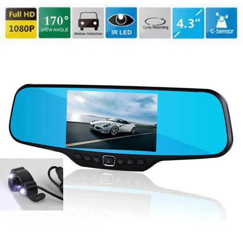 

Car mirror 4.3" LCD 170 Degree View Angle dual Camera Car DVR Rearview Mirror Camera Novatek Full HD 1080P 30FPS 12.0MP CMOS