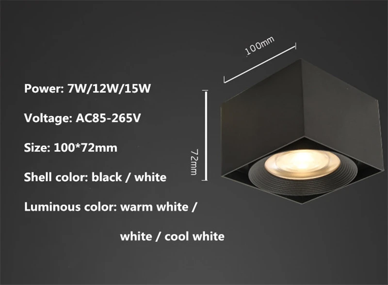 Поверхностное крепление COB квадратный светильник 7 Вт/12 Вт/15 Вт AC85-265V светодиодный потолочный светильник Точечный светильник светодиодный светильник для помещений