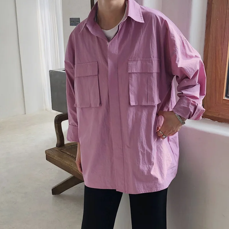

Front Pockets Oversized Shirt Men Long Sleeve 2018 Autumn Loose Men's Shirt Preppy Style Casual Shirts 3 Colors