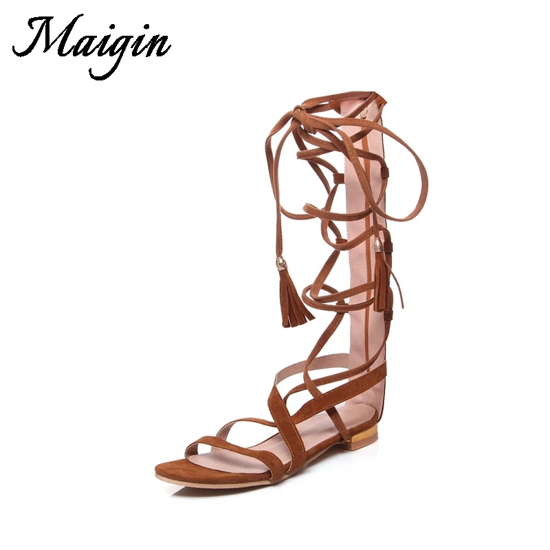 Maigin 2018 New Summer Boots Low Heel Ladies Casual Shoes Open Toe Fringe Gladiator Sandals Women Lace Up Sandals Women Footwear