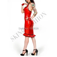 Красный латексный резиновый Холтер шеи платье с оборками