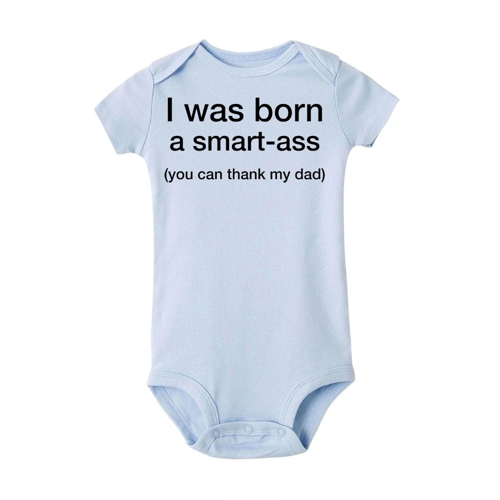 Одежда для новорожденных; летний хлопковый комбинезон с принтом «I Was Born A Smart Ass» и короткими рукавами для маленьких мальчиков и девочек - Цвет: R562-SRPLB-