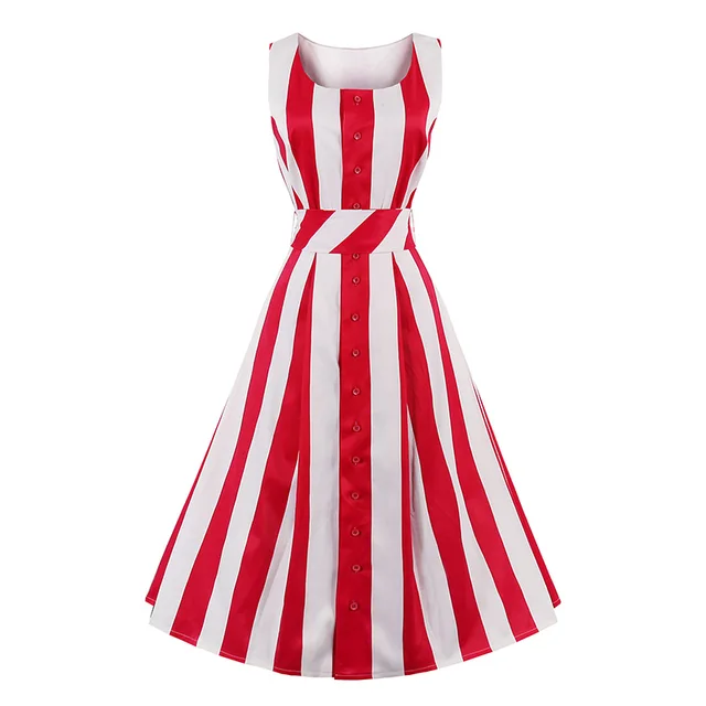 Brand Women Vertical Stripe Dress Red Retro Sashes Button Causal Daily