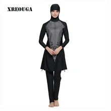 XREOUGA Modest Islamic Swimwear Line Print Swimsuit Muslim Full Cover Hijab Swim Dress Plus Size Beachwear Bathing Suits MS10