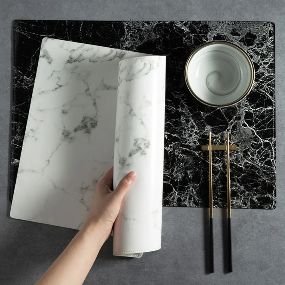 

Luxury PU Leather Placemat Rectangle Black White Marble Pattern Table Mat Heat Insulation Waterproof Placemats Bowl Coaster 1PCS