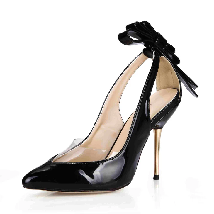 

Single shoes women 2018 spring new mirror pearlescent temperament banquet metal with high heels bow stiletto high heels pumps