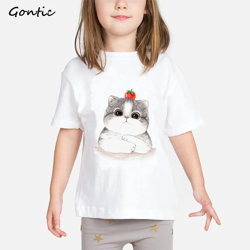 

Cartoon Cat Print Girls Shirts 2019 Summer Short Sleeve Children TShirts Funny Cute tee shirt fille Cotton Toddler Boys Tops