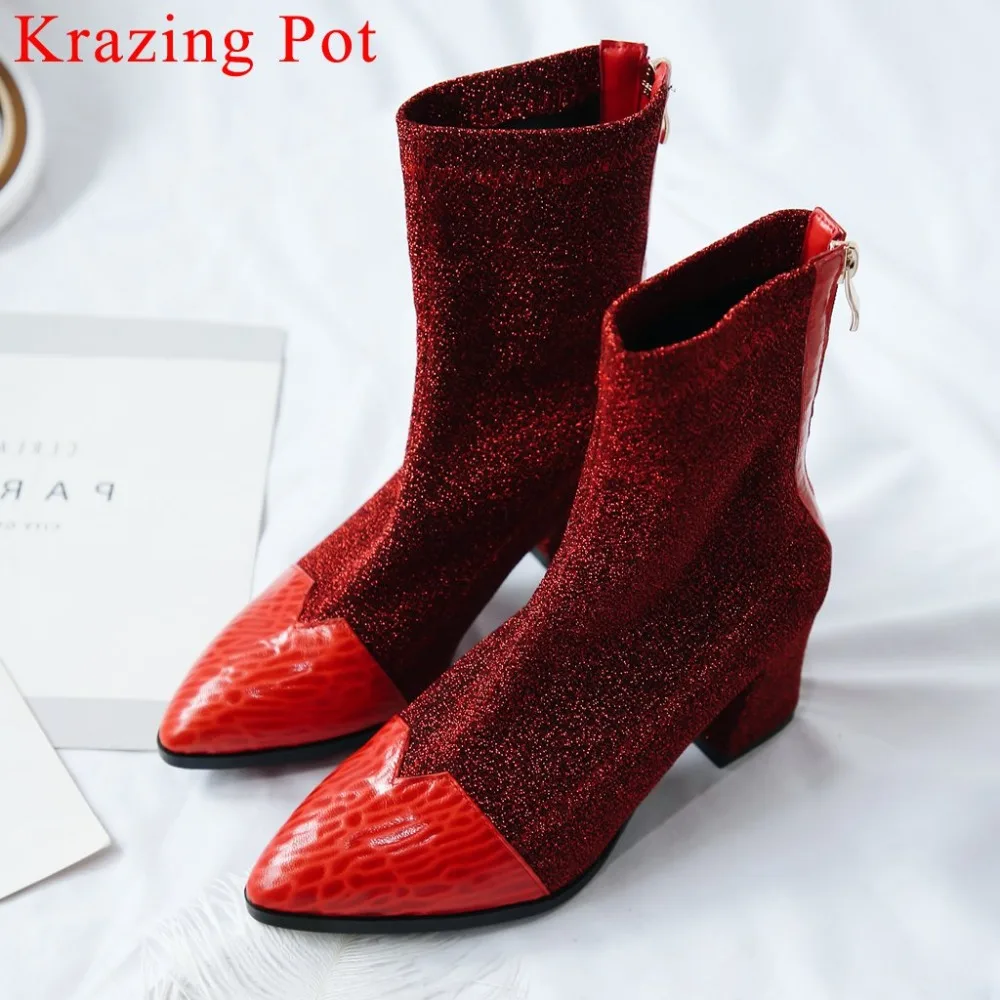 

2019 pointed toe large size high thick heels slip on stretch mid-calf boots sheep leather metal zipper british runway boots L1f1