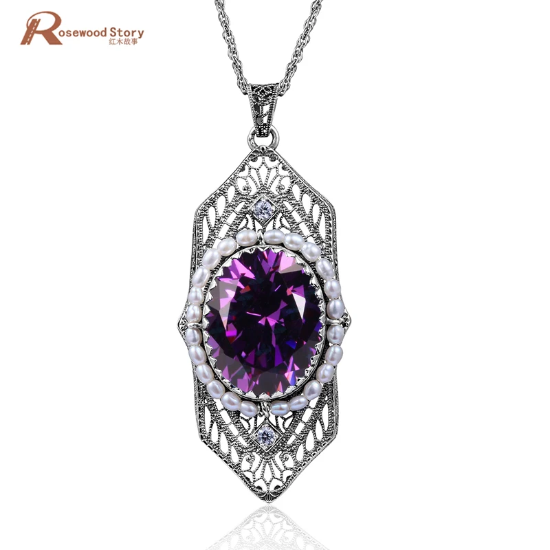 

Trendy Ladies Jewelry Vintage Purple CZ Stone 925 Sterling Silver Natural Pearl Pendant Necklaces Fashion Wedding Accessories