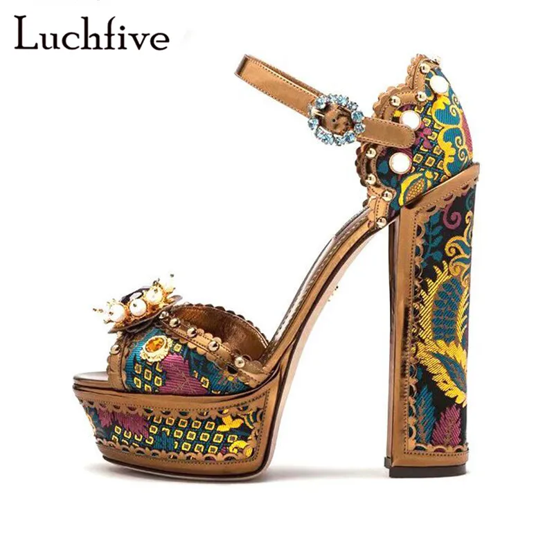 

Fashion Sequins Rhinestone Sandals Sexy Peep Toe Chunky High Heel Party Shoes Woman Pearls Buckle Strap Summer Zapatos De Mujer