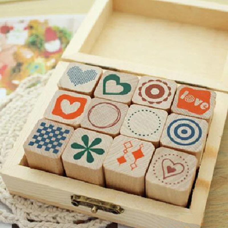 12pcs/set heart flowers birds wooden rubber stamp for Kids DIY Handmade Scrapbook Photo Album