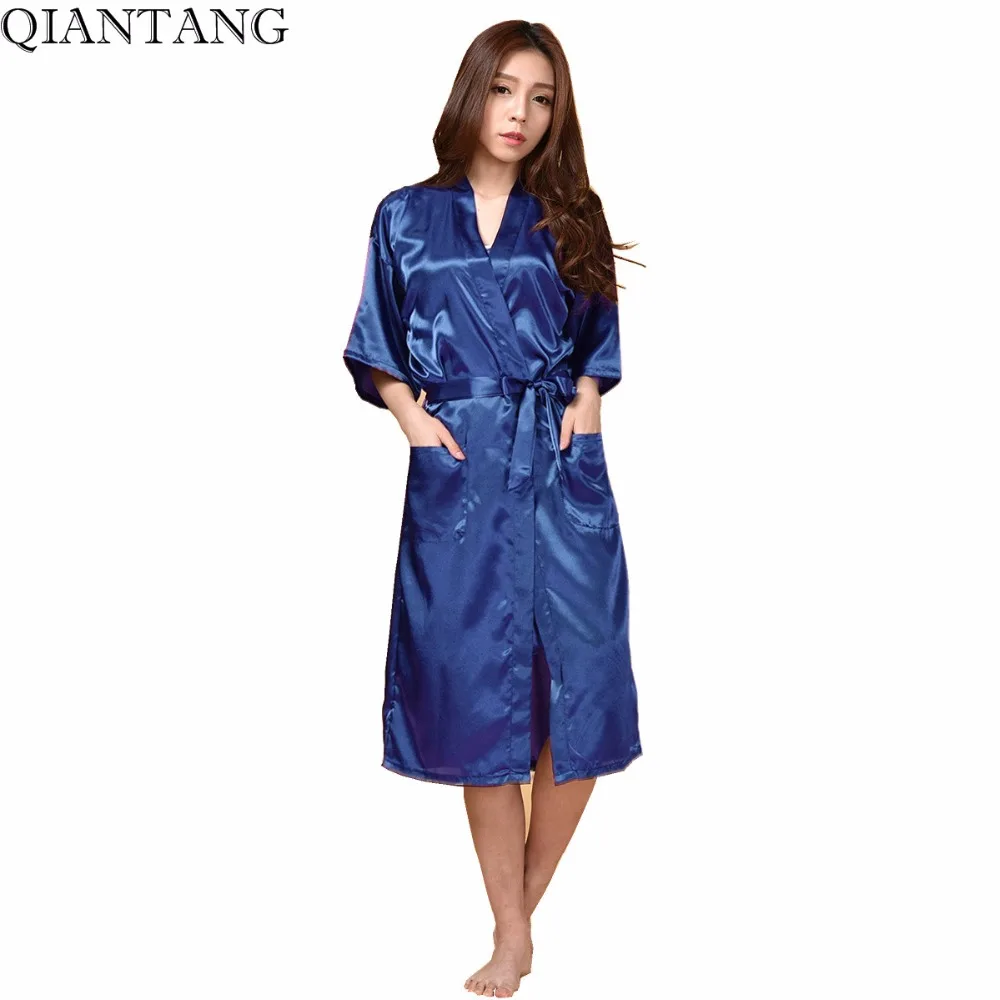 Plus Size Women's Long Robe Navy blue Chinese Lady Silk Satin Kimono