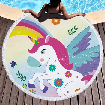 

SOFTBATFY Rainbow Unicorn Thick Terry Round Beach Towel with Tassel Yoga Mat Beach Cover up Dropshipping