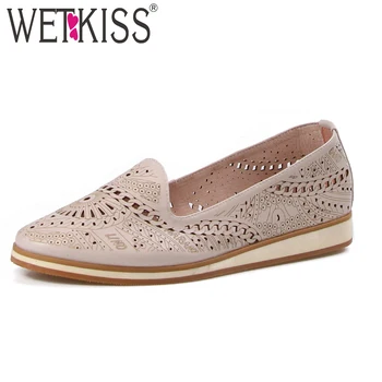 

WETKISS Fashion Casual Women Flats Round Toe Printing Flat Sole Shoes Genuine Leather Cutout Footwear 2019 Autumn Ladies Shoes