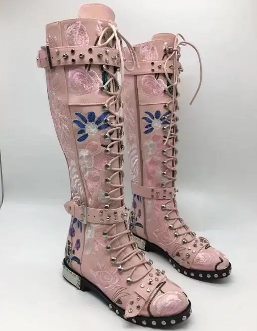 

2017 Newest Rivets studded long boots leather & flock printed flowers Motorcycle Boots Round toe buckled strap bota feminina