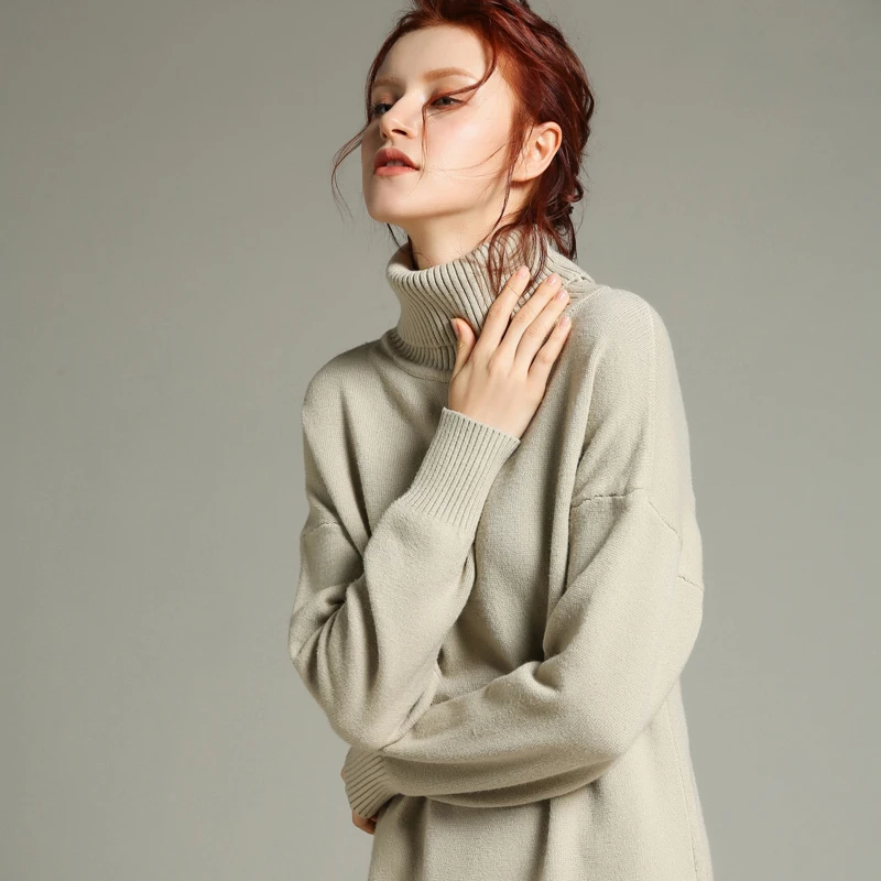 

Winter thickening medium length cashmere sweater lady turtleneck sweater loose solid color base sweater