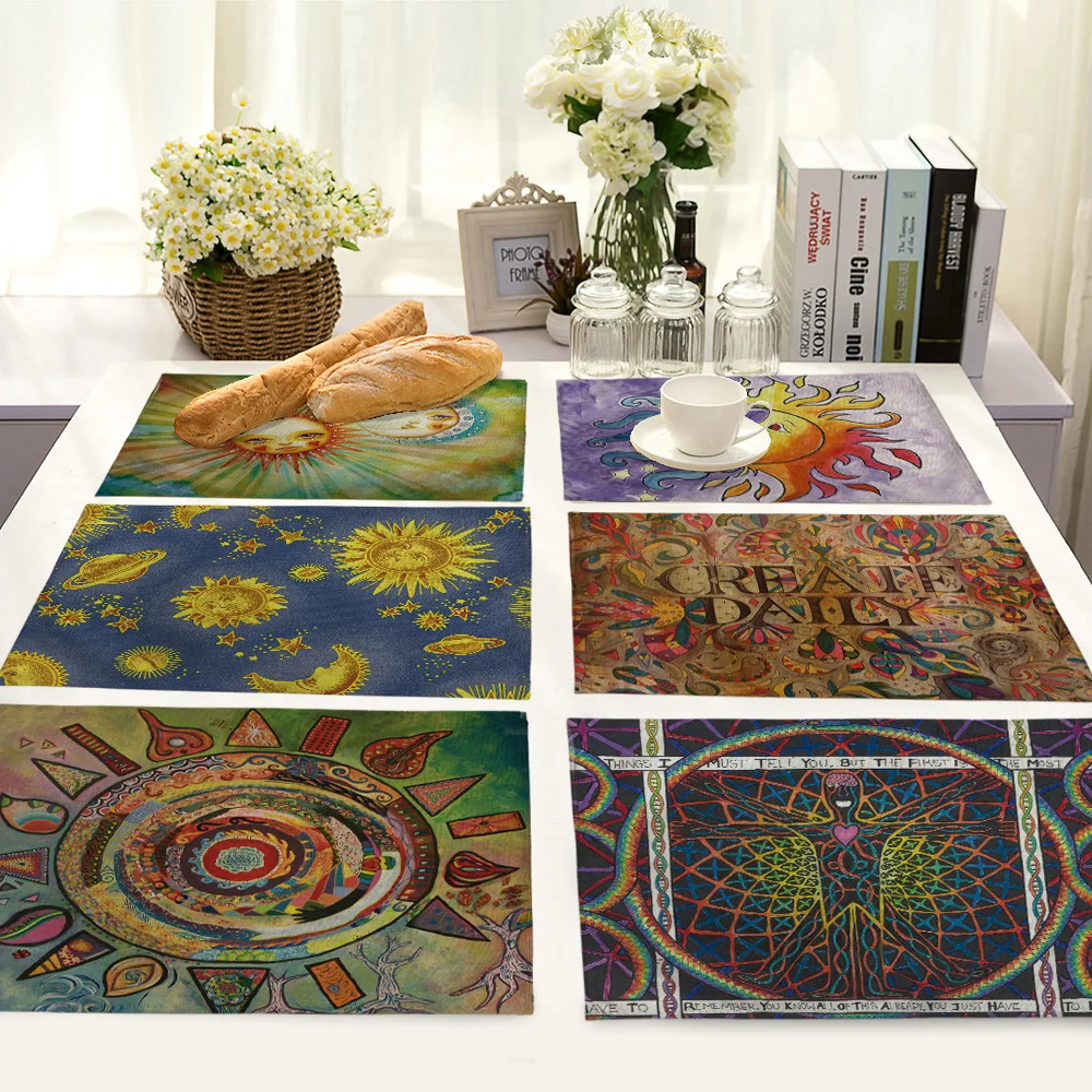 

European American Style Sun Moon Placemat Rectangle Linen Table Mat for Dining Table Kitchen Decoration Accessories Table Mats