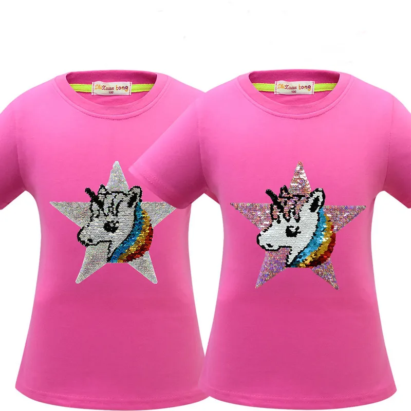 Thombase Girls Magic Glitter Reverse Sequin Top Color Changing Kids Girls Unicorn T Shirts