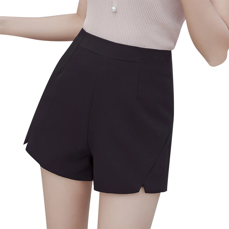 Летние элегантные тонкие шорты женские черные, белые, абрикосовые футболка с вырезом Высокая талия широкие ноги линия короткие Feminino корейские шорты