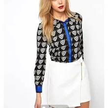 Show School Women Patchwork Blouse Leopard Head Print Shirt Long Sleeve Blouse Single Breasted Shirt Casual Slim Tops GD0120
