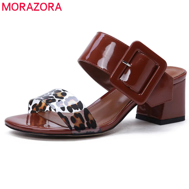 

MORAZORA 2019 top quality patent leather +pvc sandals women high heels shoes buckle fashion summer shoes party prom shoes woman