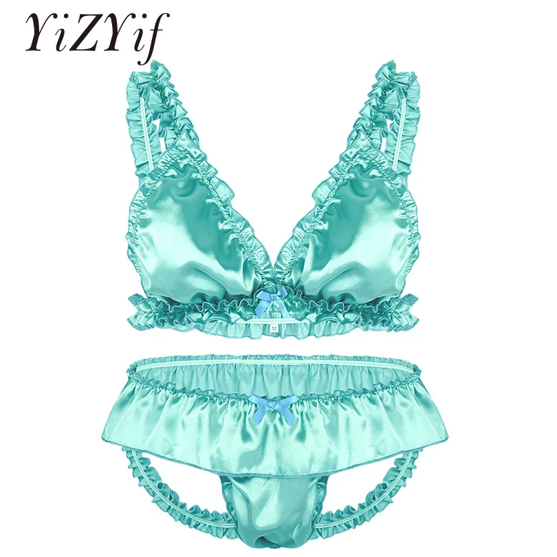 Yizyif Sexy Men Sissy Underwear Set Soft Satin Panties Elastic Frilly 