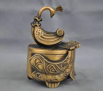 

6'' China Bronze Phoenix Peacock Peafowl Statue Box Incense Burner Censer