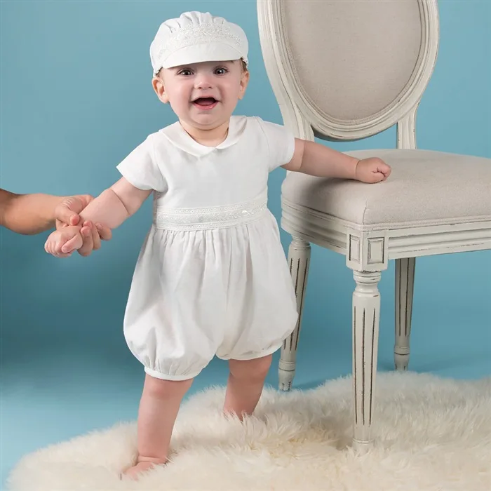 Одежда для маленького мальчика Белый Крещение детский комбинезончик с шляпа с отложным воротником новорожденных первое Рождество День рождения мальчика одежда 3-24 м